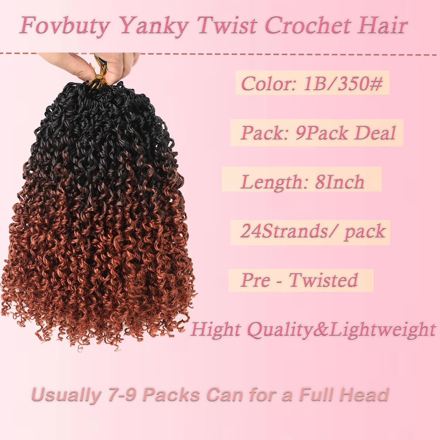 Ombre Ginger Yanky Twists Crochet 8 Inch Looped 9 Bundles/Lot Passion Twist, Kinky Twist Pre Looped Spring Twist Hair for Women 1B/350# 9pcs