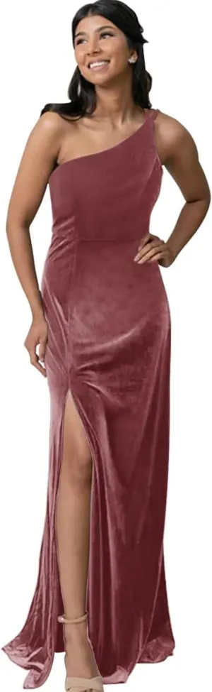 One Shoulder Velvet Bridesmaid Dress Long for Women 2024 with Slit Wedding Guest Dress Formal