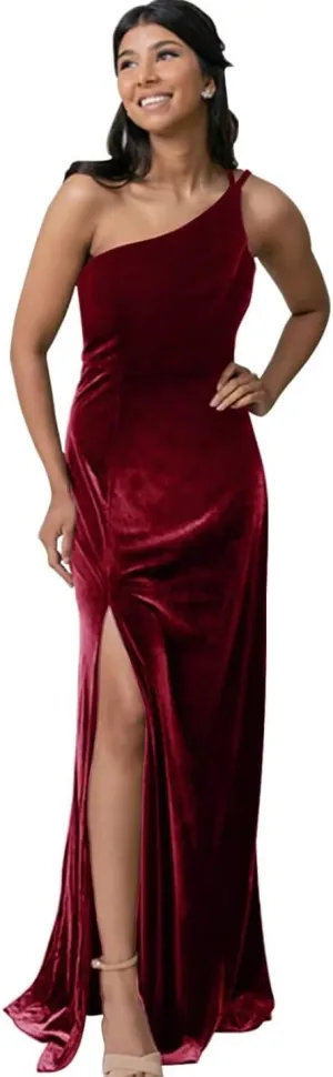 One Shoulder Velvet Bridesmaid Dress Long for Women 2024 with Slit Wedding Guest Dress Formal