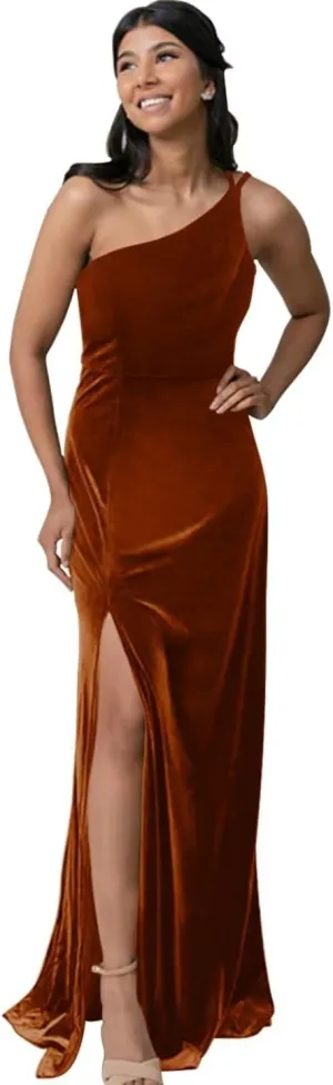 One Shoulder Velvet Bridesmaid Dress Long for Women 2024 with Slit Wedding Guest Dress Formal