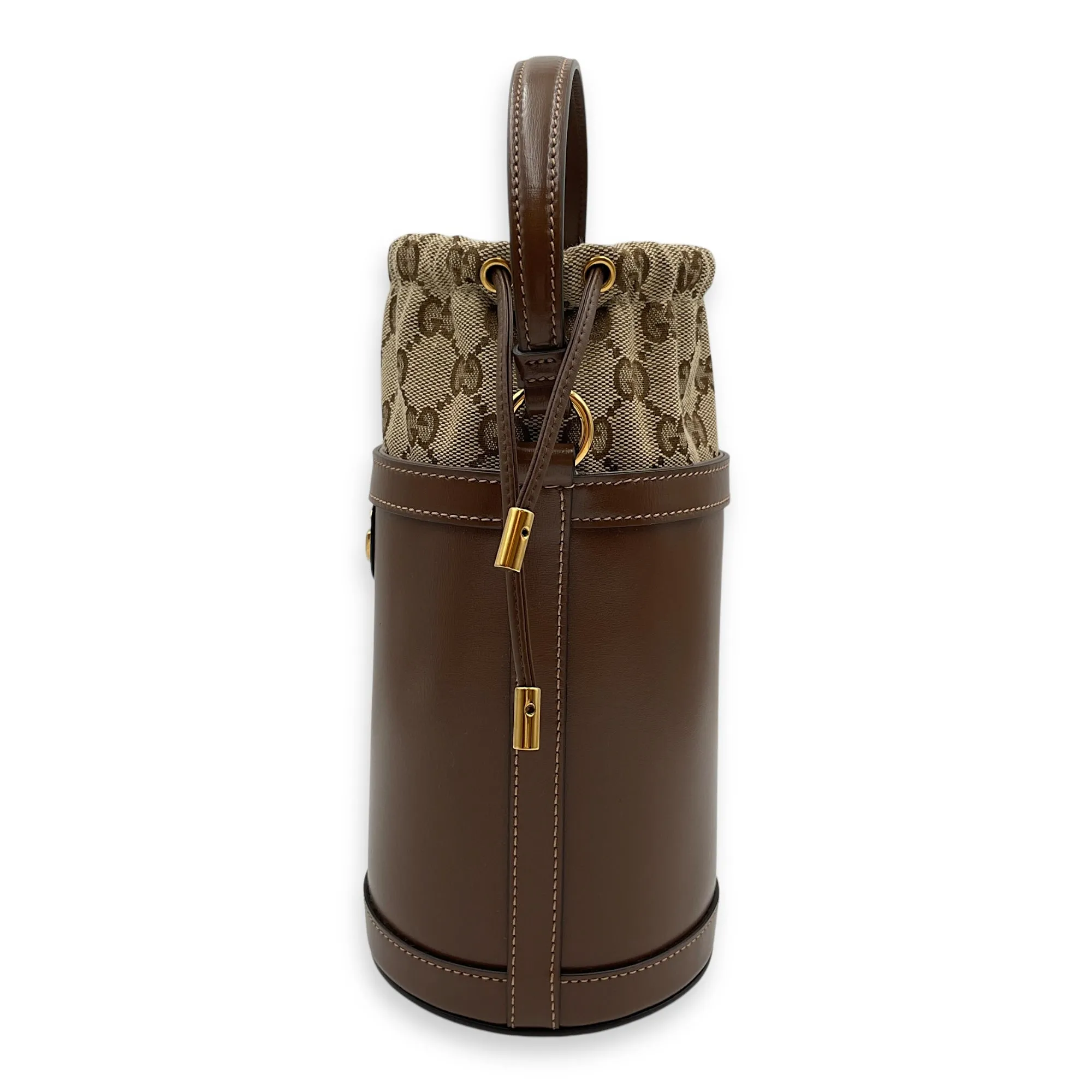 Ophidia Mini Brown Bucket Bag in Calfskin, Gold hardware