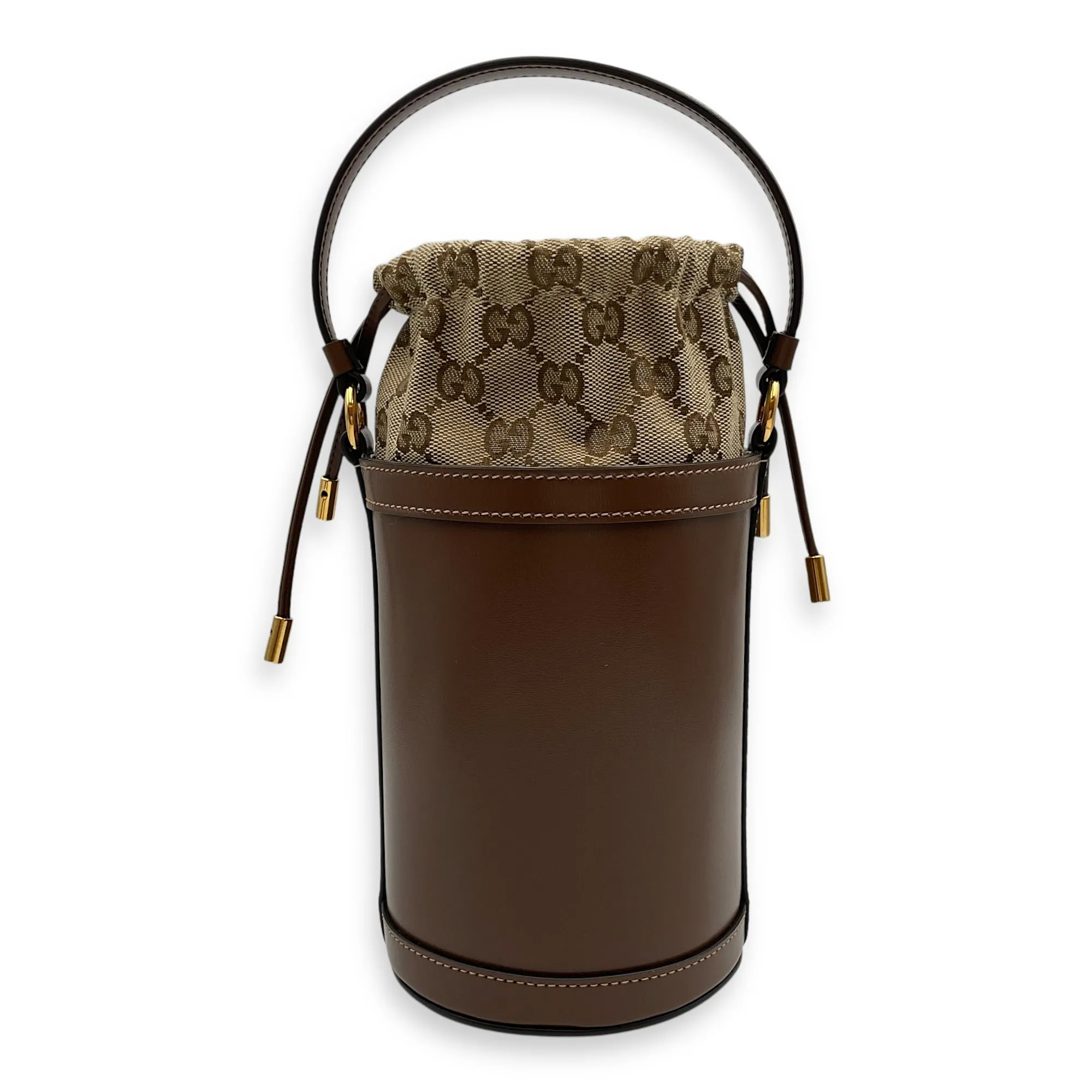 Ophidia Mini Brown Bucket Bag in Calfskin, Gold hardware