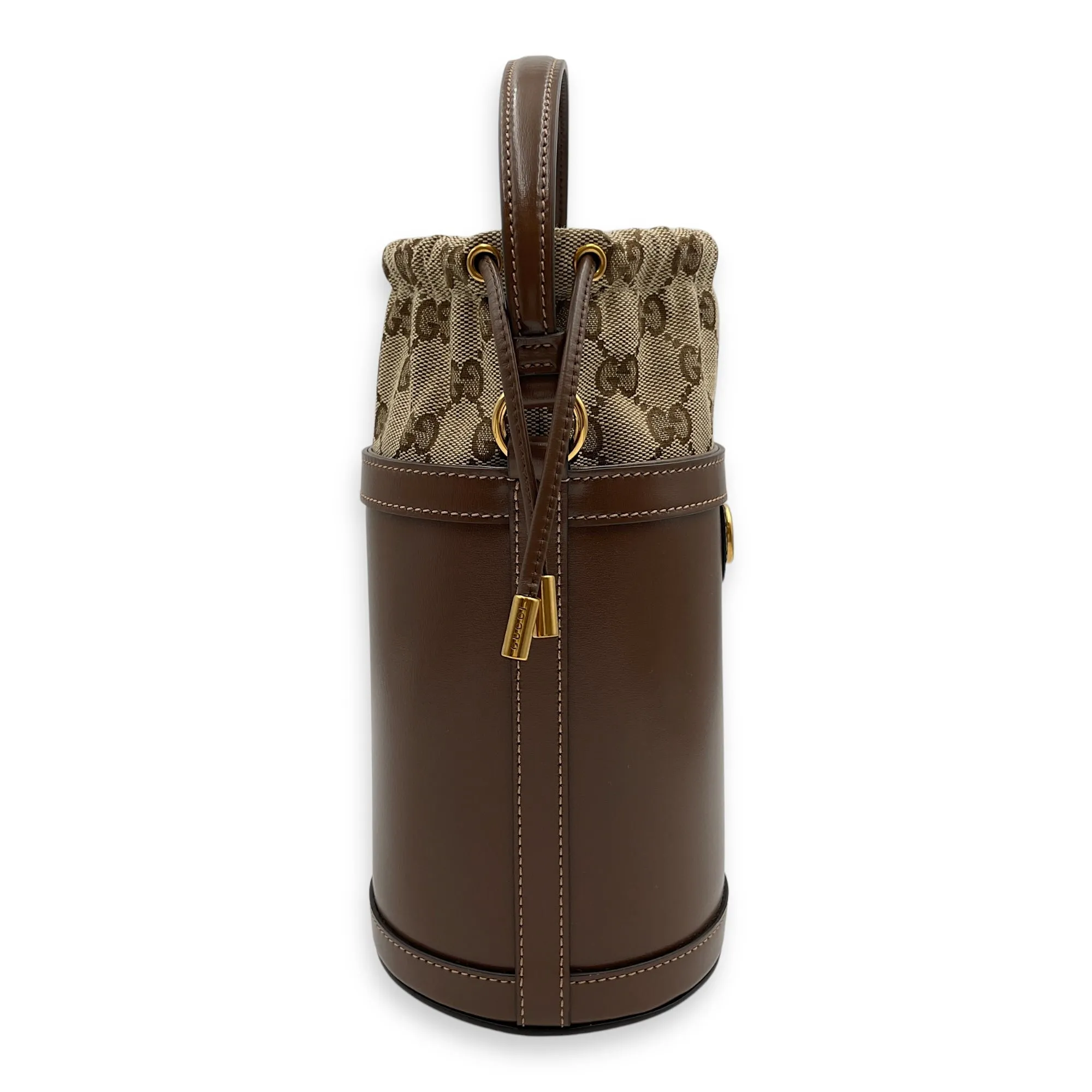 Ophidia Mini Brown Bucket Bag in Calfskin, Gold hardware