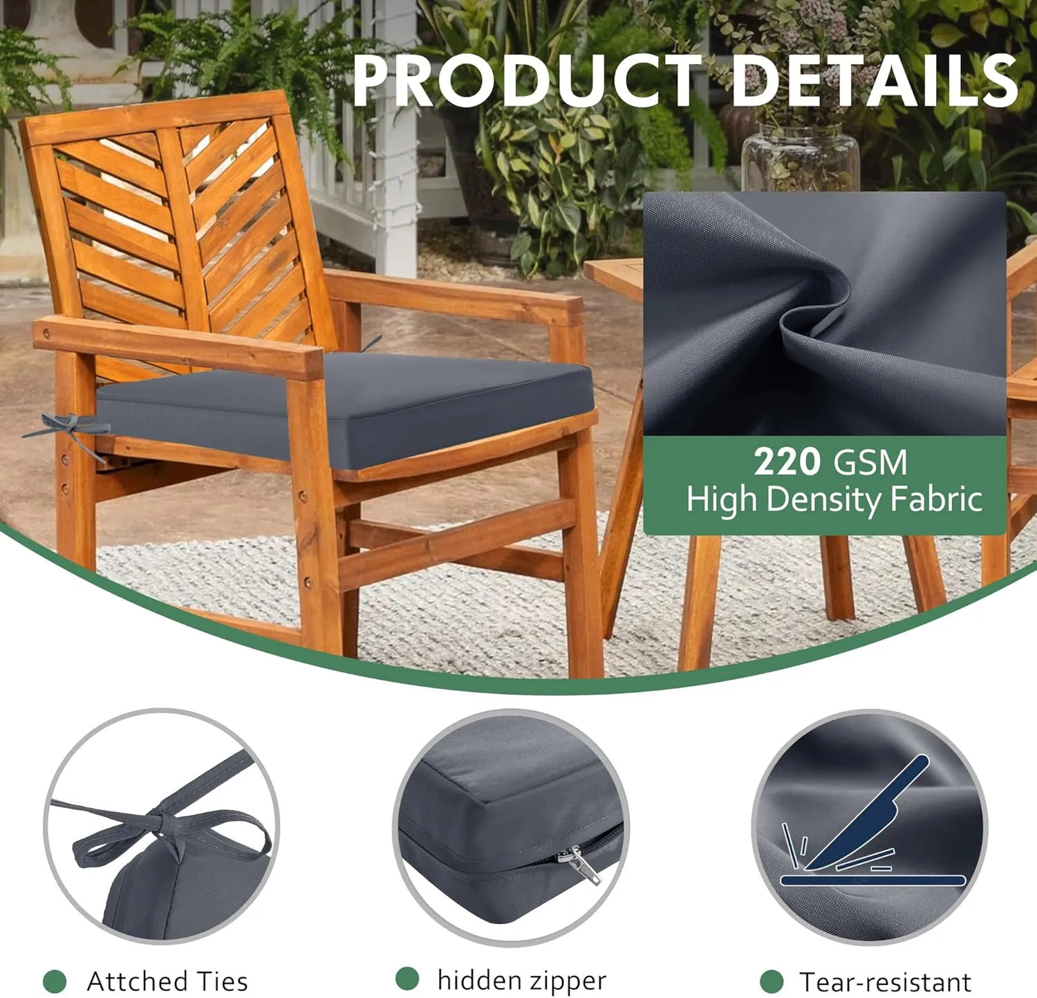 Outdoor Chair Cushions Set of 2: Waterproof & Fade Resistant Seat Cushion for Patio Furniture - 18.5 x 16 x 2 Inch Chair Pads with Ties and Hidden Zipper - Patio Chair Cushion Replacement, Dark Grey