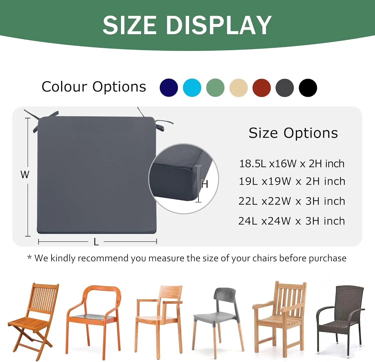 Outdoor Chair Cushions Set of 2: Waterproof & Fade Resistant Seat Cushion for Patio Furniture - 18.5 x 16 x 2 Inch Chair Pads with Ties and Hidden Zipper - Patio Chair Cushion Replacement, Dark Grey