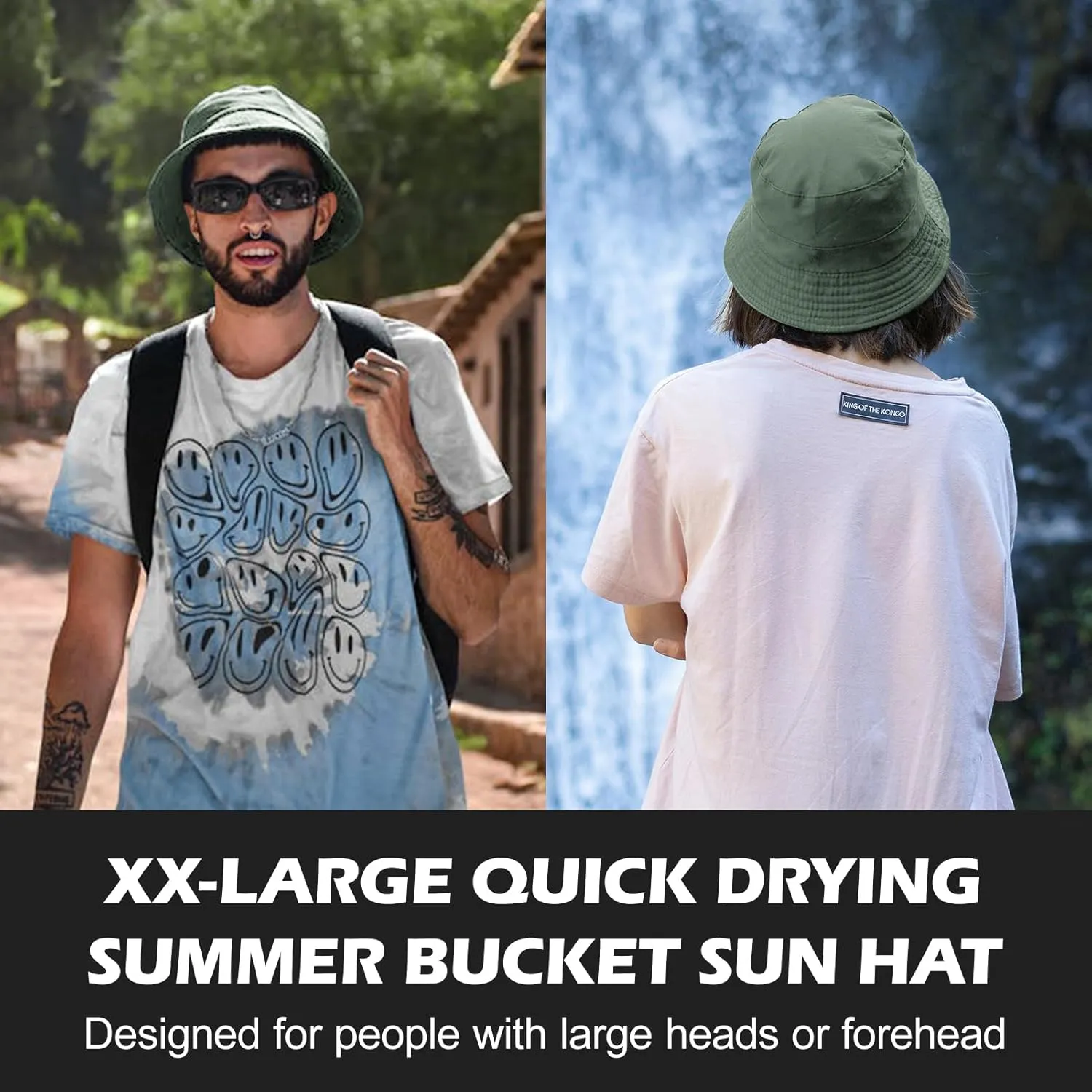 Oversize XXL Mens Quick Dry Bucket Hat, Lightweight Hat with Detachable Chin Strap Water Repellent Fisherman Hat