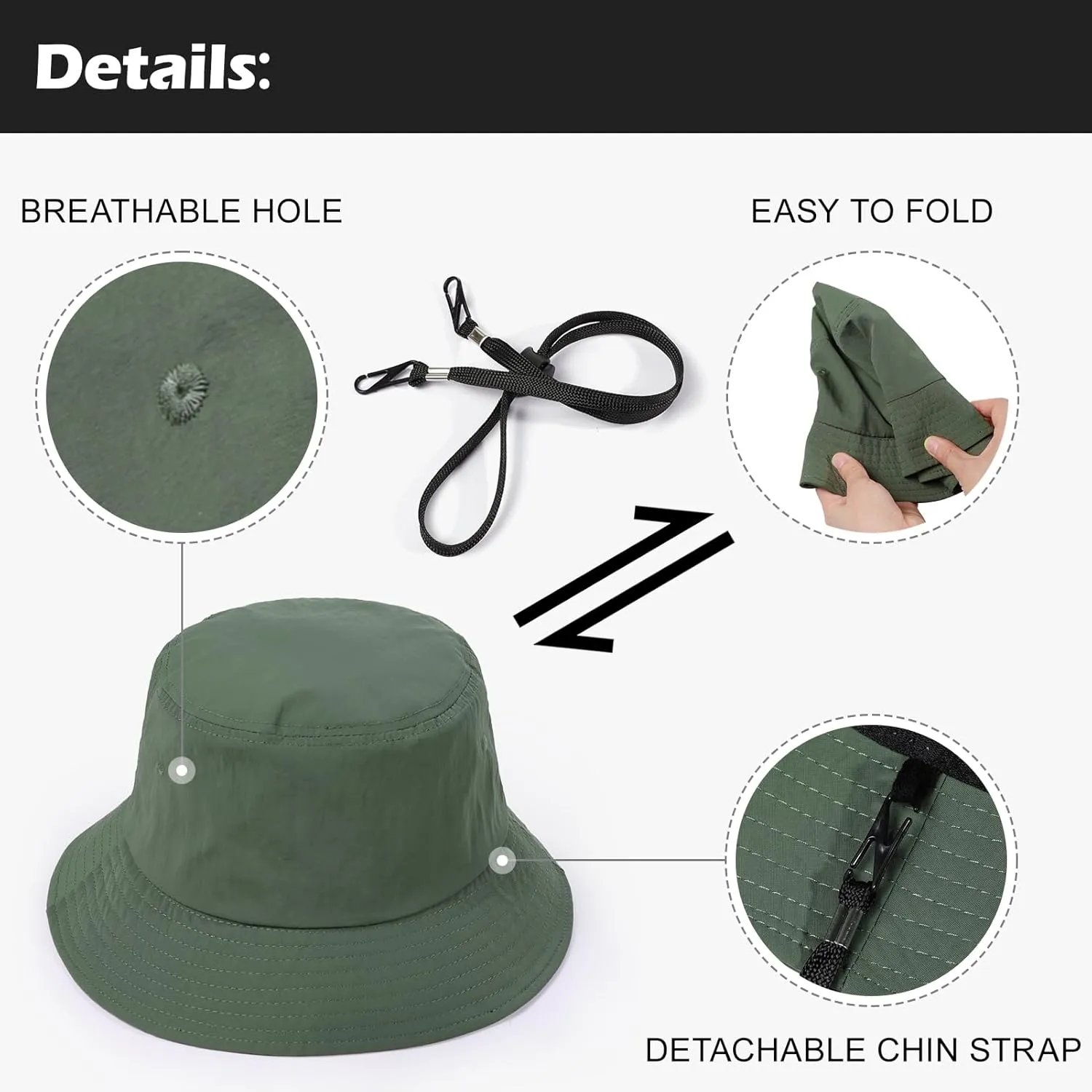 Oversize XXL Mens Quick Dry Bucket Hat, Lightweight Hat with Detachable Chin Strap Water Repellent Fisherman Hat