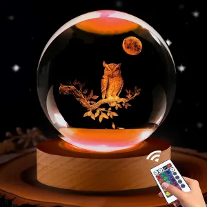 Owl Gifts for Women, 3.15in 3D Figurine Crystal Ball Lamp with Remote Control, Owl Decor for Bedroom, Birthday Christmas Owls Gifts for Kids Girls Boys Women