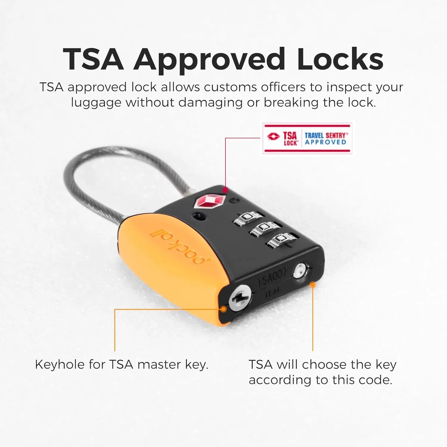 pack all TSA Approved Cable Luggage Locks, 3 Digit Combination Padlocks, Travel Lock for Suitcases & Bag, Alloy Body, Travel Accessories (4 Pack) (Orange)