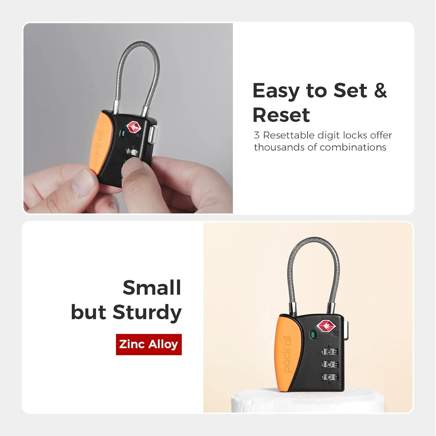pack all TSA Approved Cable Luggage Locks, 3 Digit Combination Padlocks, Travel Lock for Suitcases & Bag, Alloy Body, Travel Accessories (4 Pack) (Orange)