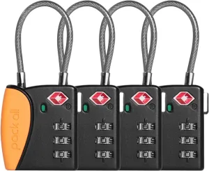 pack all TSA Approved Cable Luggage Locks, 3 Digit Combination Padlocks, Travel Lock for Suitcases & Bag, Alloy Body, Travel Accessories (4 Pack) (Orange)