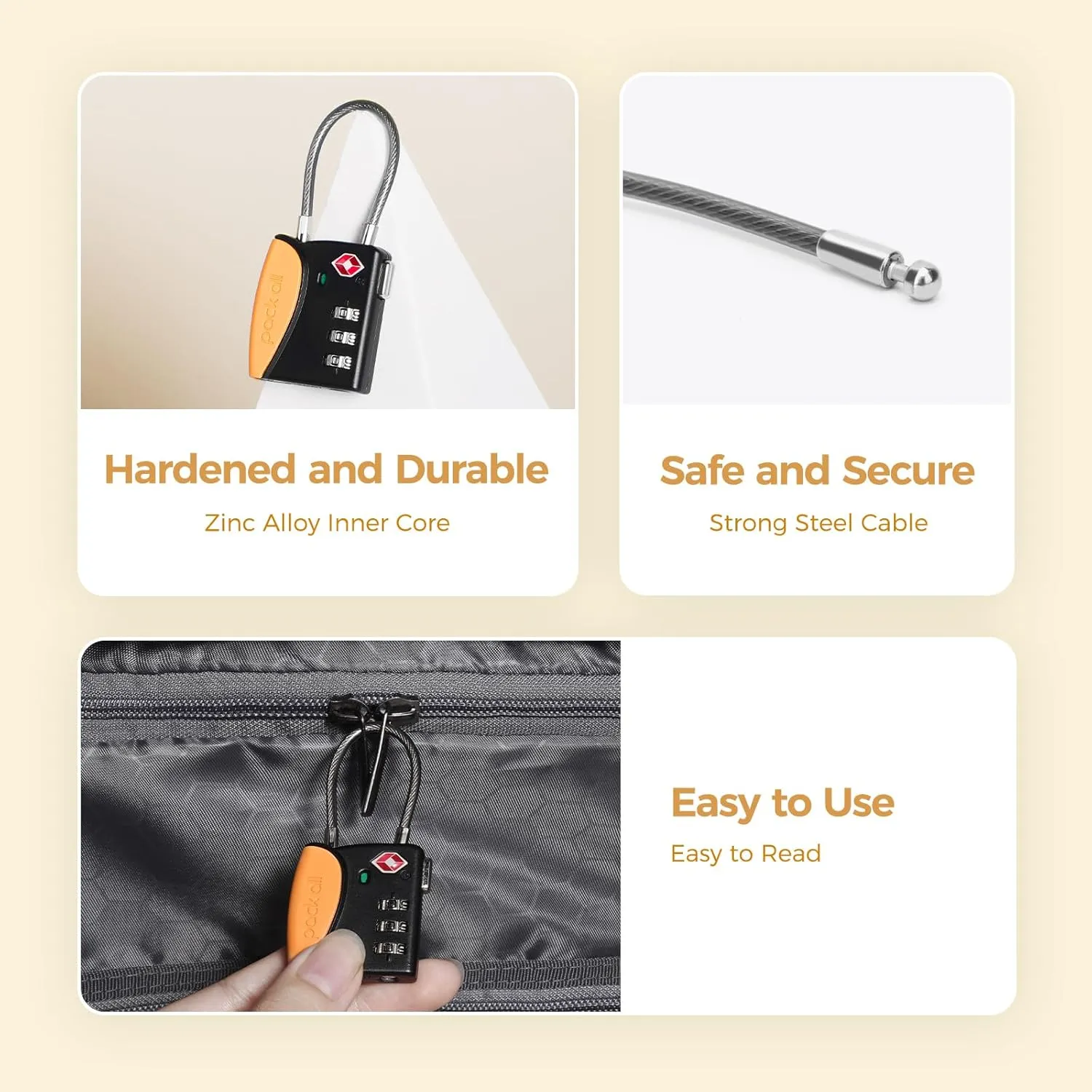 pack all TSA Approved Cable Luggage Locks, 3 Digit Combination Padlocks, Travel Lock for Suitcases & Bag, Alloy Body, Travel Accessories (4 Pack) (Orange)