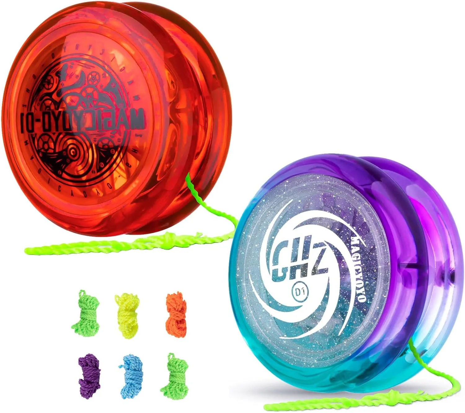 Pack of 2 Looping Yoyos - D1 Red   D1 Glitter Crystal Green Purple
