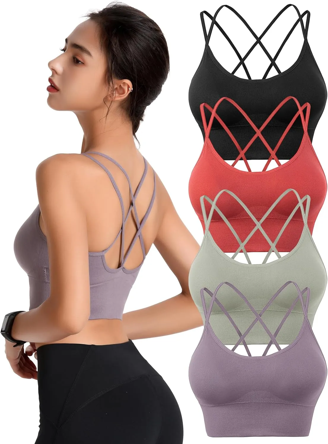 Padded Sports Bras for Women Strappy Cross Back Yoga Bras Pack for Workout Fitness Running Gym Low Impact Top