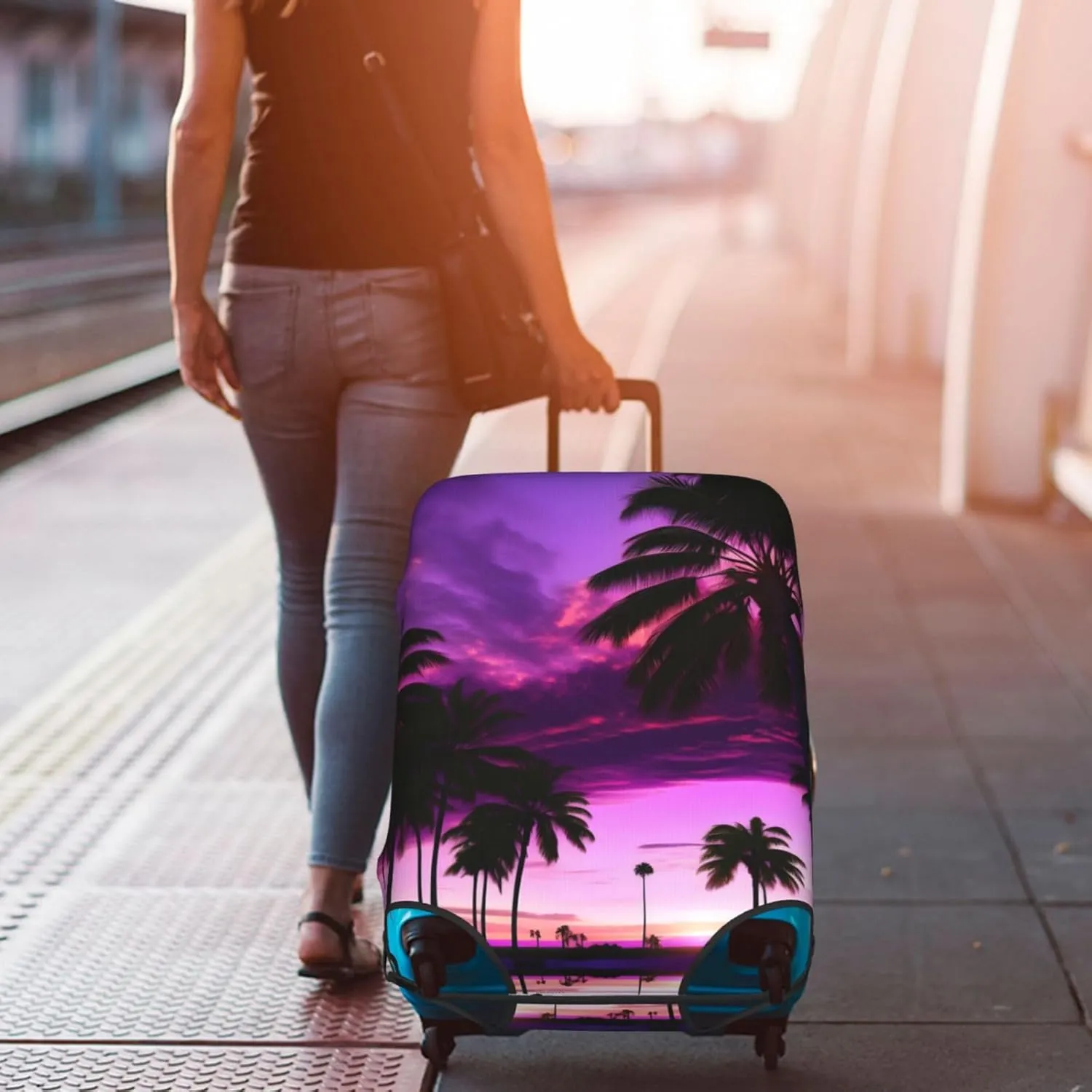 Palm Tree Purple Sunset Travel Luggage Cover Suitcase Protector Fits 18-22 Inch Luggage,Anti Scratch Dirt Covers