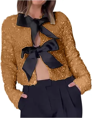 Party Velvet Tops for Women Elegant Sexy Front Bowknot Long Sleeve Shirts Sequin Velour Blouses Solid Cardigan