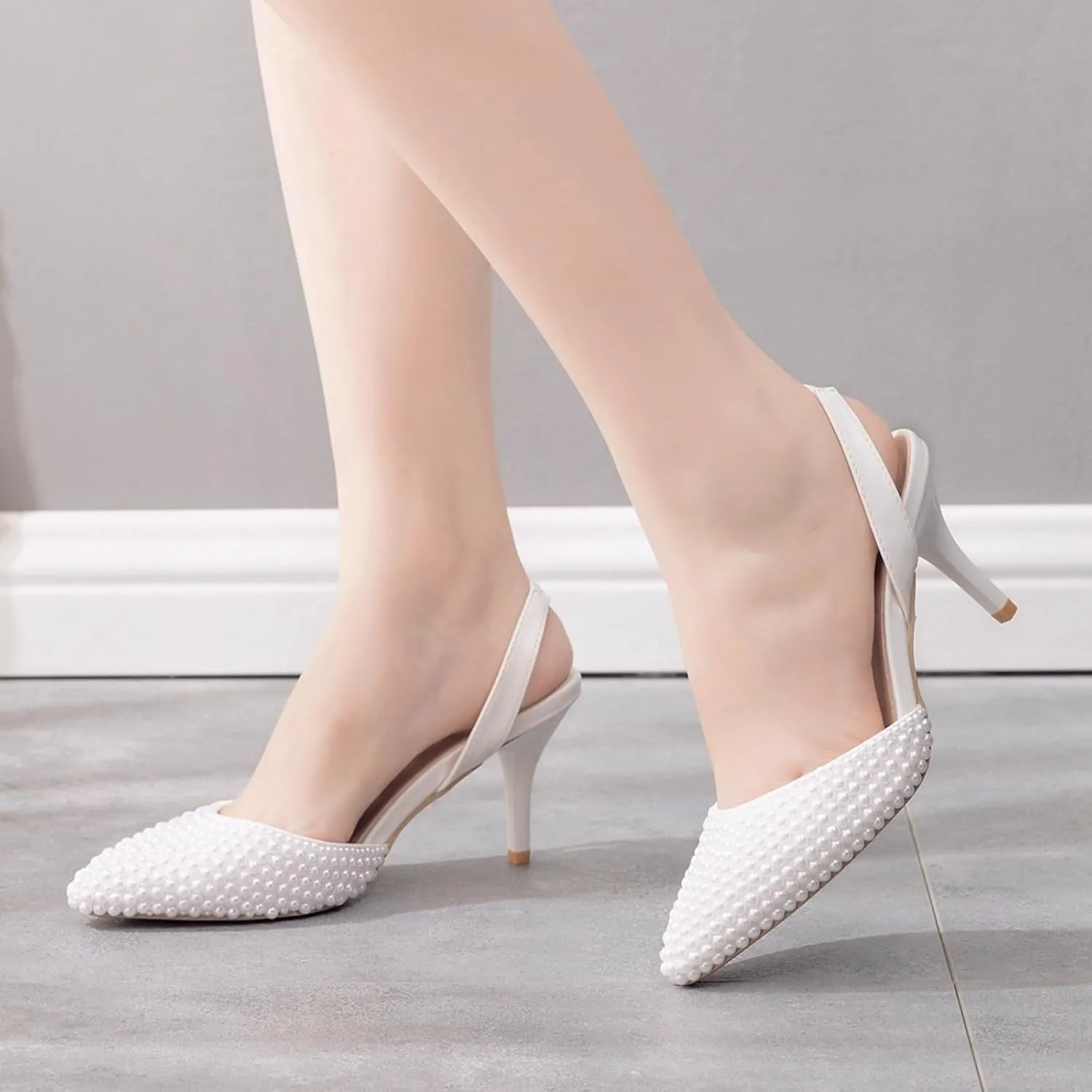 Pearl Slingback Heels for Women, Pointed Closed Toe Slip On Heeled Sandals Stiletto Heel Evening Bridal Shoes for Wedding