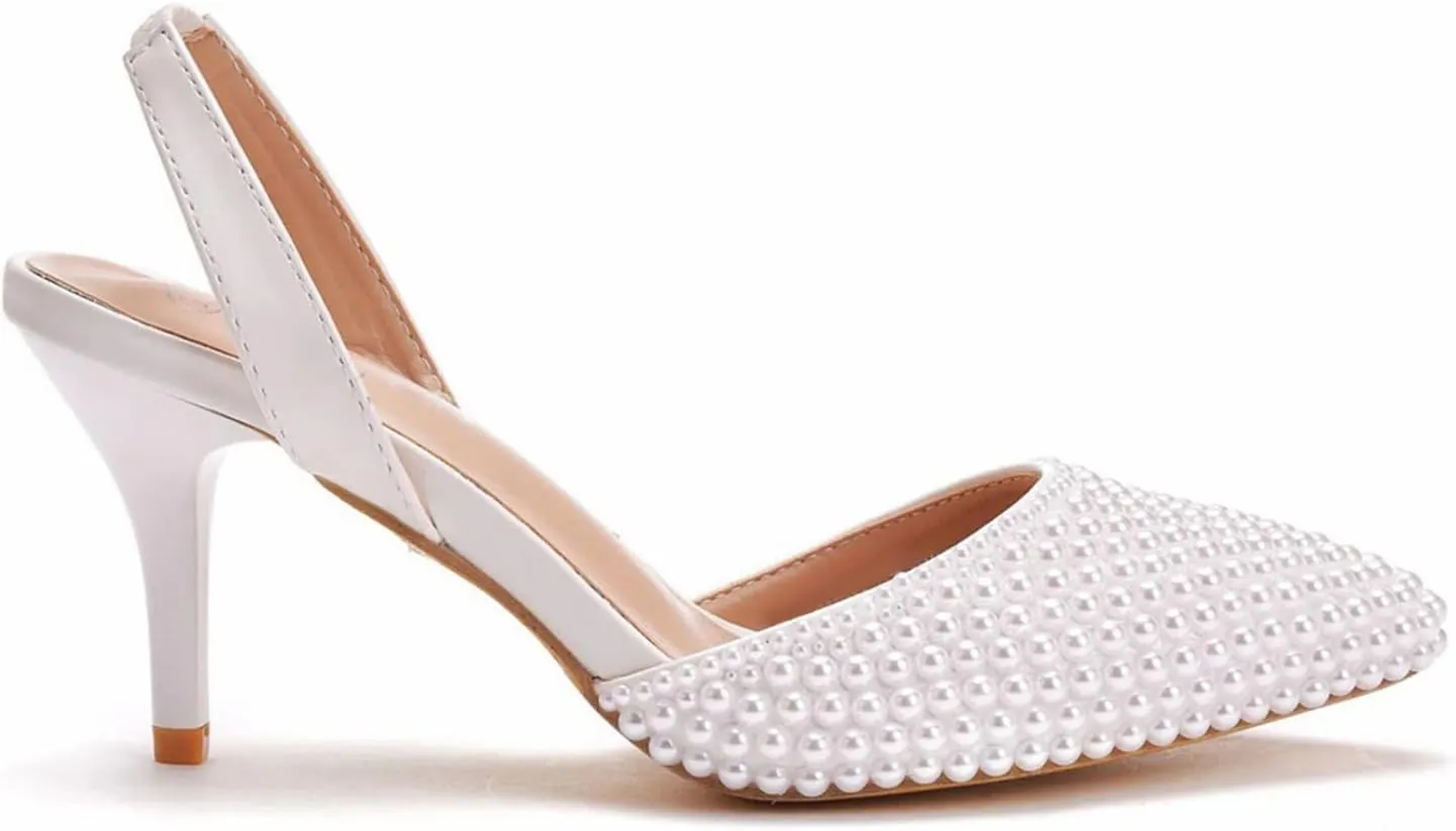 Pearl Slingback Heels for Women, Pointed Closed Toe Slip On Heeled Sandals Stiletto Heel Evening Bridal Shoes for Wedding