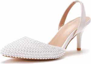 Pearl Slingback Heels for Women, Pointed Closed Toe Slip On Heeled Sandals Stiletto Heel Evening Bridal Shoes for Wedding
