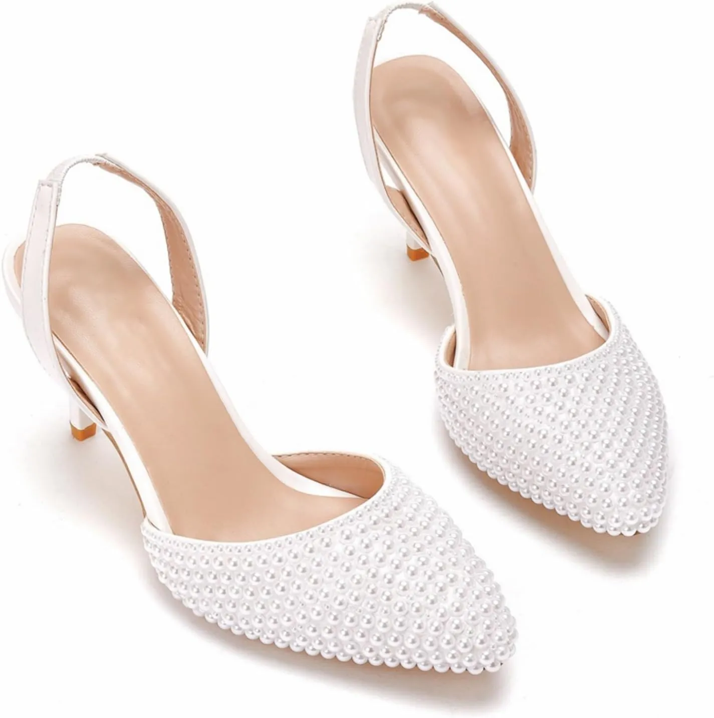 Pearl Slingback Heels for Women, Pointed Closed Toe Slip On Heeled Sandals Stiletto Heel Evening Bridal Shoes for Wedding