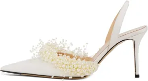 Pearl Slingback Heels for Women, Pointed Closed Toe Slip On Heeled Sandals Stiletto Heel Evening Bridal Shoes for Wedding