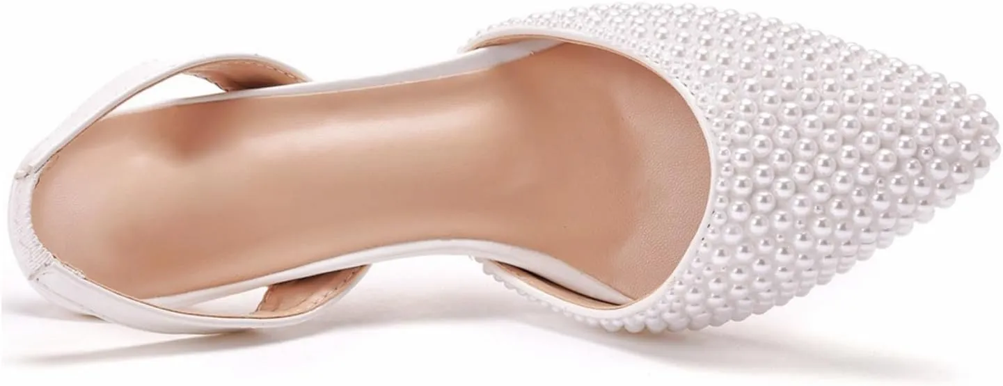 Pearl Slingback Heels for Women, Pointed Closed Toe Slip On Heeled Sandals Stiletto Heel Evening Bridal Shoes for Wedding