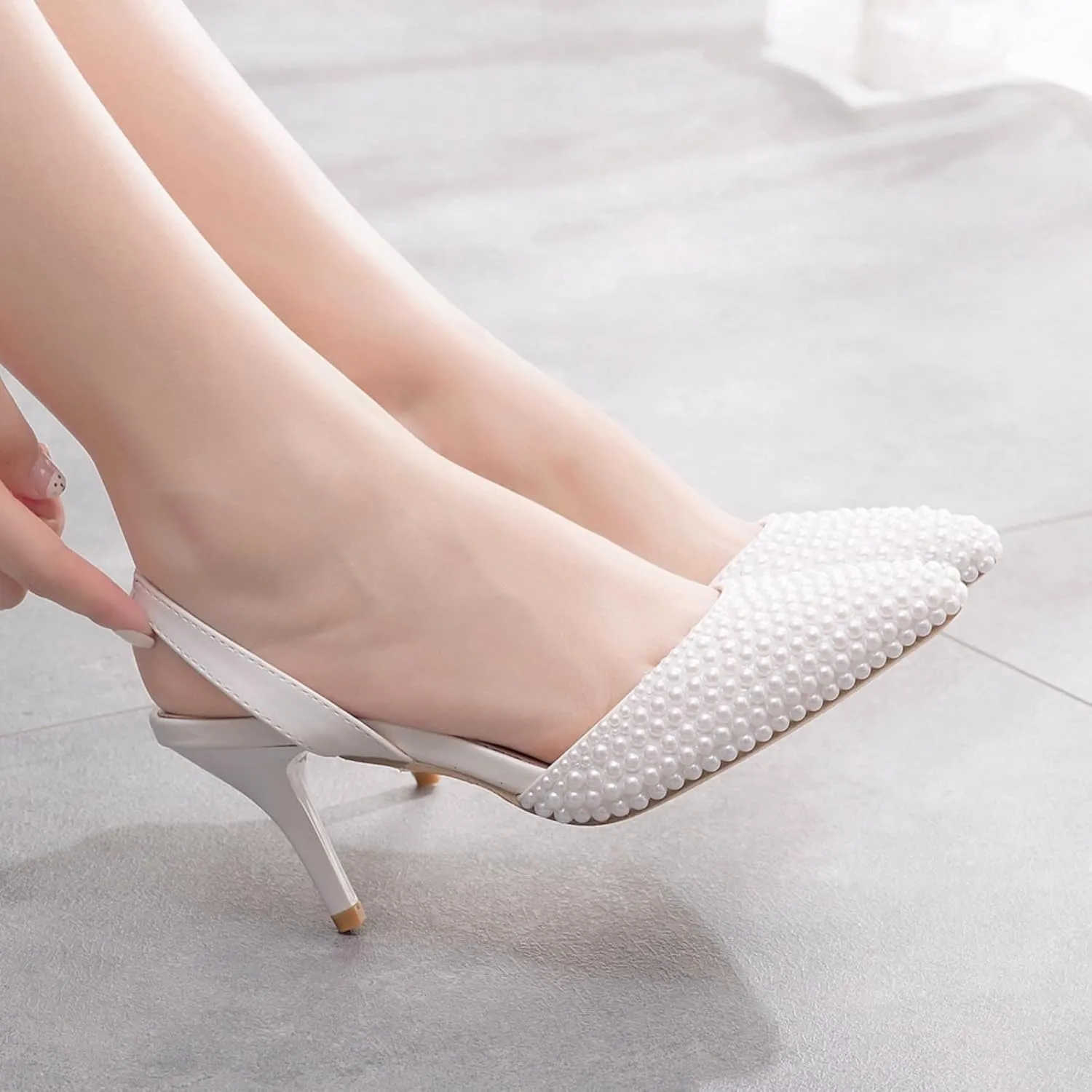 Pearl Slingback Heels for Women, Pointed Closed Toe Slip On Heeled Sandals Stiletto Heel Evening Bridal Shoes for Wedding