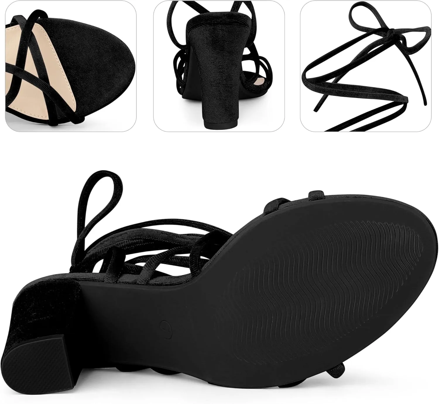Perphy Strappy Faux Velvet Lace Up Chunky Heels Sandal for Women