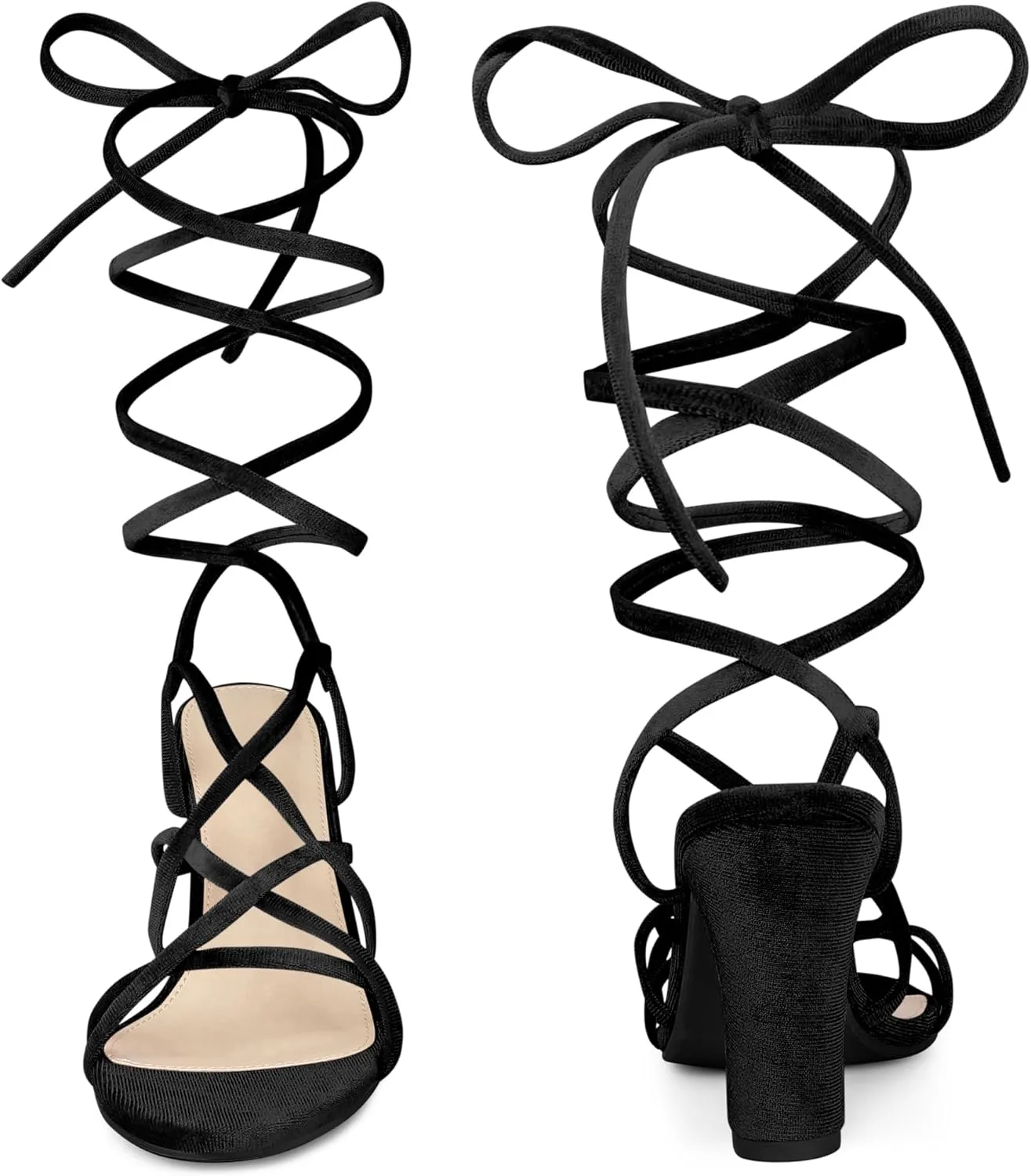 Perphy Strappy Faux Velvet Lace Up Chunky Heels Sandal for Women