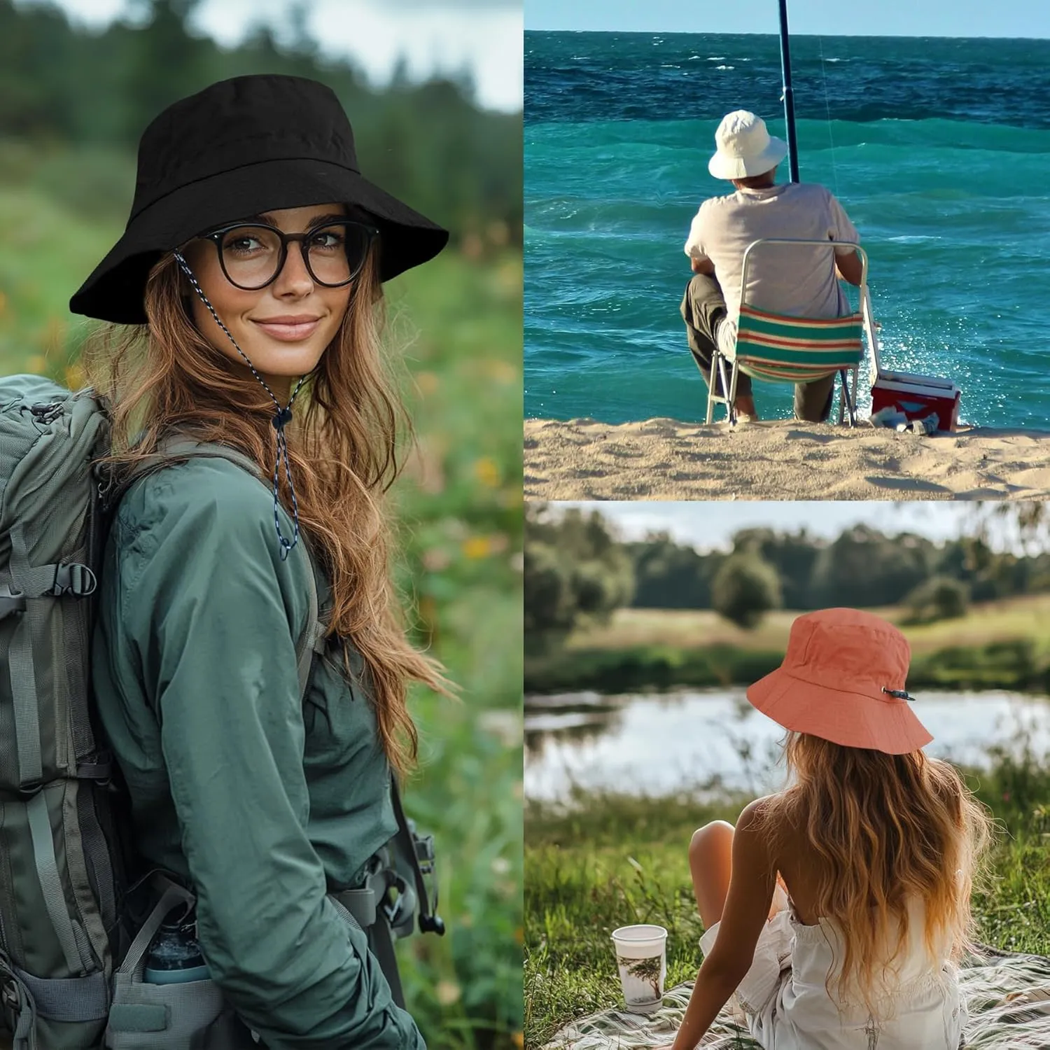 PFFY Quick Dry Waterproof Packable Bucket Hat for Women Men Outdoor Sun Hats with Detachable Chin Strap