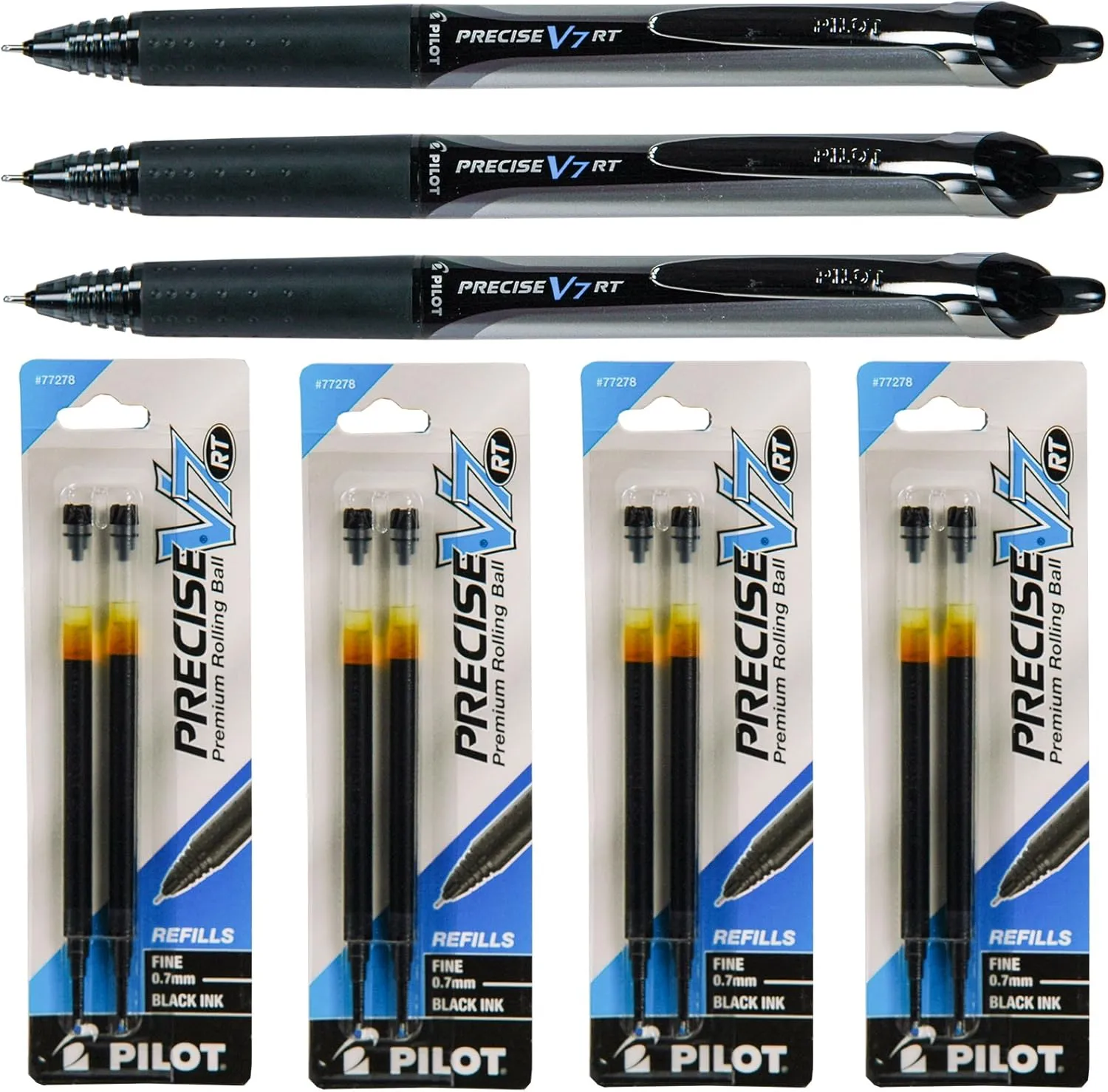 Pilot Precise V7 Rt Retractable, Black Ink, 0.7mm Fine Point, 3 Pens with 4 Packs of Refills