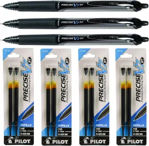 Pilot Precise V7 Rt Retractable, Black Ink, 0.7mm Fine Point, 3 Pens with 4 Packs of Refills