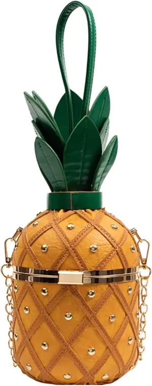 Pineapple Bucket Purse for Women,Trendy Chain Messenger Crossbody Bag with Rivet， Tropical Hawaiian Shoulder Handbag