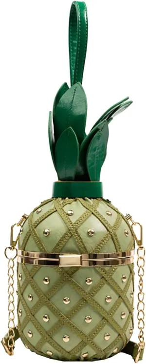 Pineapple Bucket Purse for Women,Trendy Chain Messenger Crossbody Bag with Rivet， Tropical Hawaiian Shoulder Handbag
