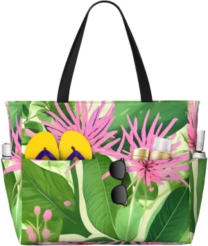Pink plant flowers Print 28L Beach Tote Bag, Water-resistant Travel Tote, Lightweight Gym & Camping Carryall
