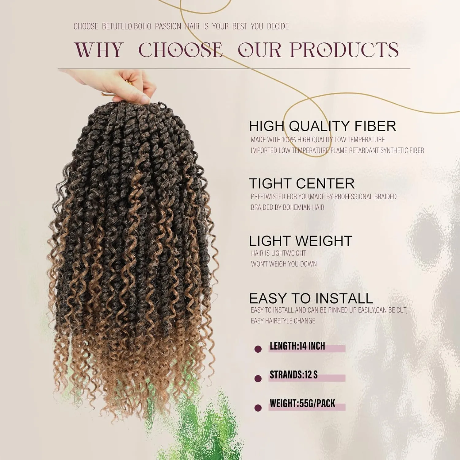 Pre-twisted Passion Twist Crochet Hair 14 Inch short Boho Passion Twists Pre-Looped Crochet Hair for Black Women Synthetic Braiding Hair Extension(8 Packs,T27#)