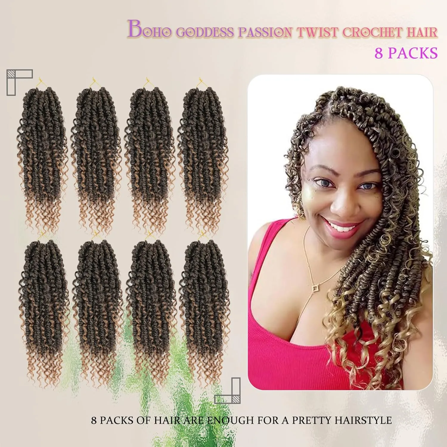 Pre-twisted Passion Twist Crochet Hair 14 Inch short Boho Passion Twists Pre-Looped Crochet Hair for Black Women Synthetic Braiding Hair Extension(8 Packs,T27#)