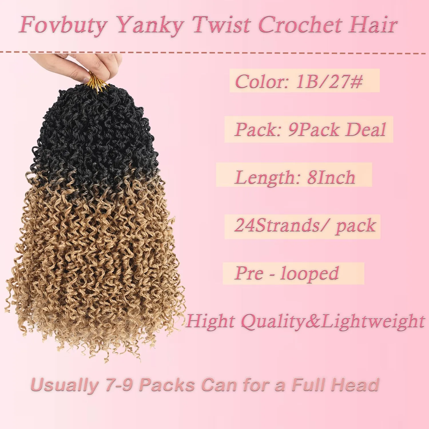 Pre-twisted Yanky Twists Crochet Braiding Hair 8inch Ombre Blonde Short Passion Twists Crochet Hair Pre-looped Curly Crochet Braids Hair Extensions for Butterfly Locs 1B/27#-9packs