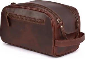 Premium Leather King Size Toiletry Travel Pouch – Handcrafted Dopp Kit with Waterproof Lining, Spacious Design for Travel Essentials, Elegant Cherry Finish