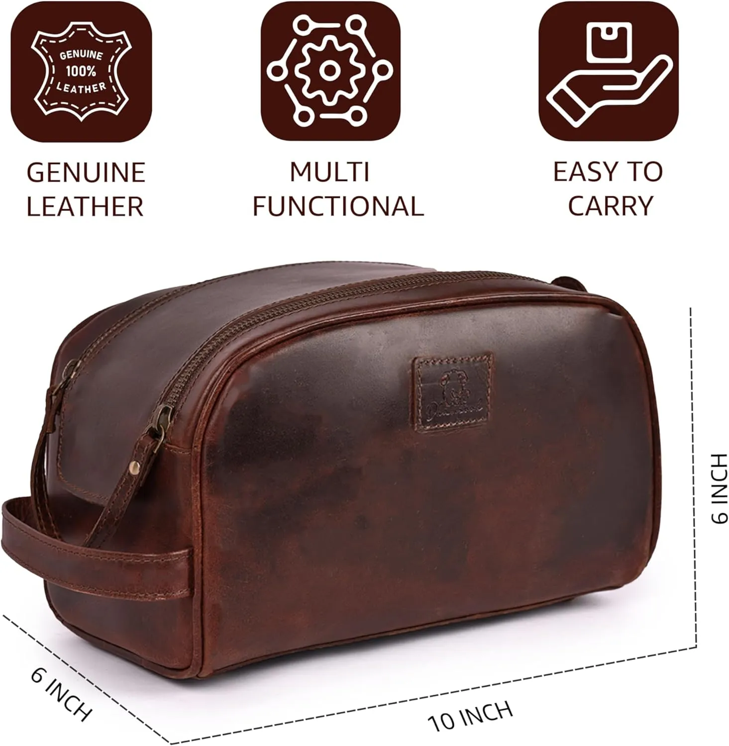 Premium Leather King Size Toiletry Travel Pouch – Handcrafted Dopp Kit with Waterproof Lining, Spacious Design for Travel Essentials, Elegant Cherry Finish