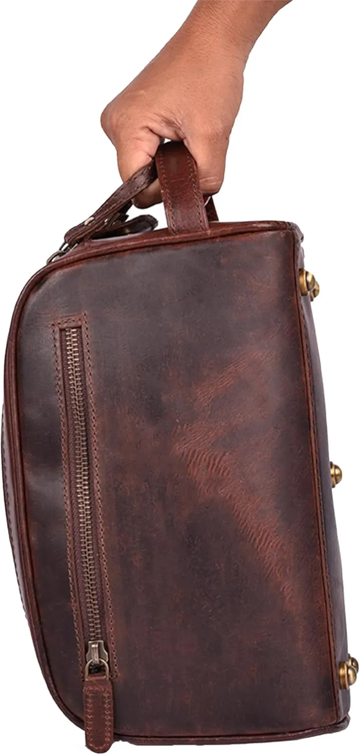 Premium Leather King Size Toiletry Travel Pouch – Handcrafted Dopp Kit with Waterproof Lining, Spacious Design for Travel Essentials, Elegant Cherry Finish