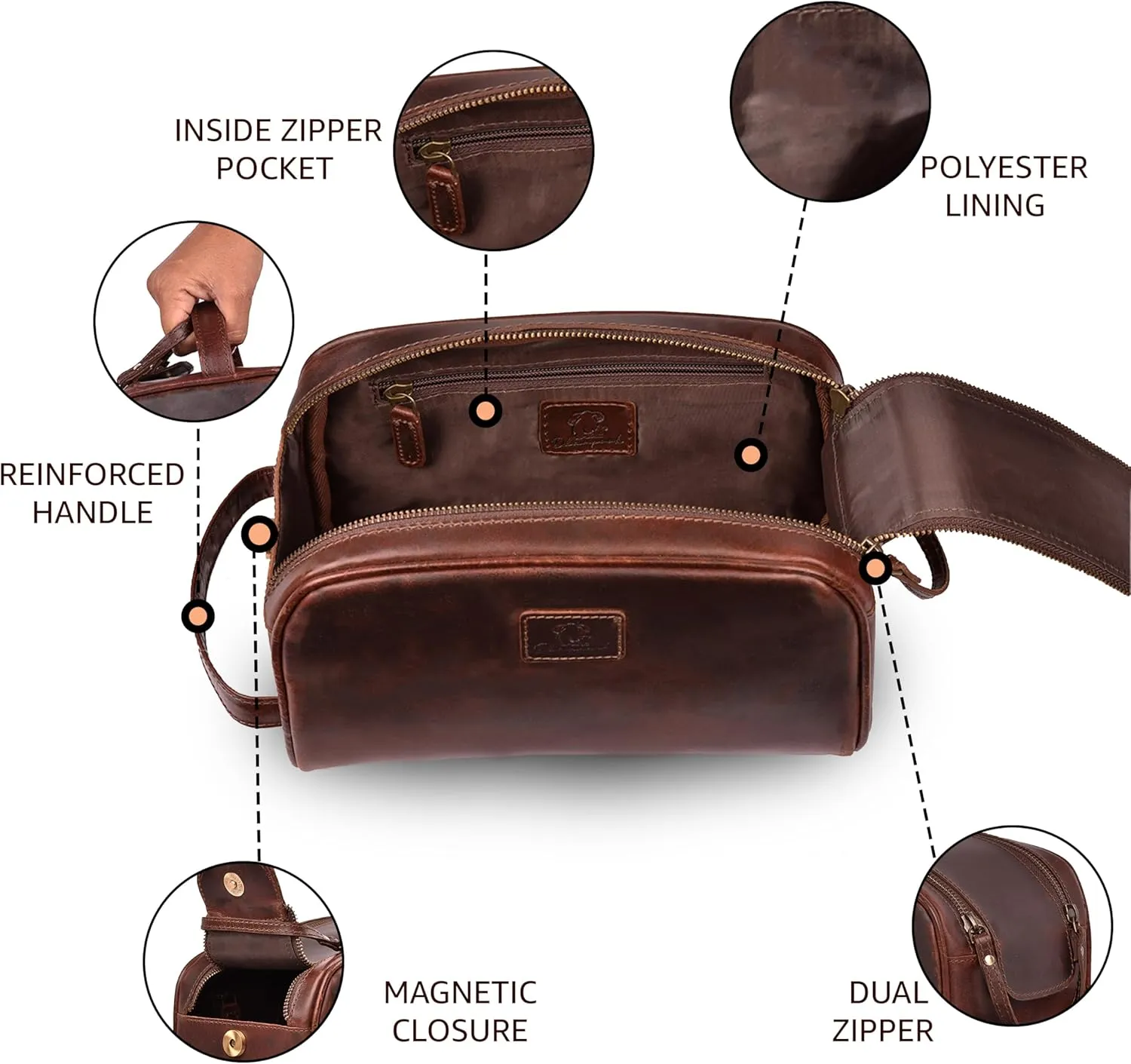 Premium Leather King Size Toiletry Travel Pouch – Handcrafted Dopp Kit with Waterproof Lining, Spacious Design for Travel Essentials, Elegant Cherry Finish