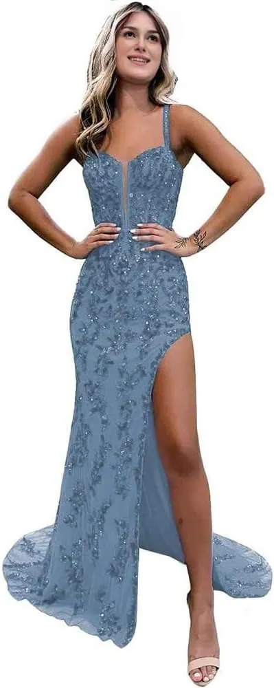 Prom Dresses 2024 Sequin Long Mermaid Formal Gowns and Evening Dresses with Side Slit