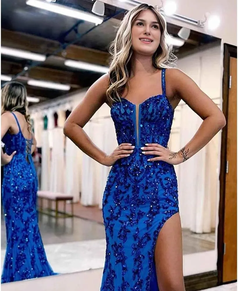 Prom Dresses 2024 Sequin Long Mermaid Formal Gowns and Evening Dresses with Side Slit