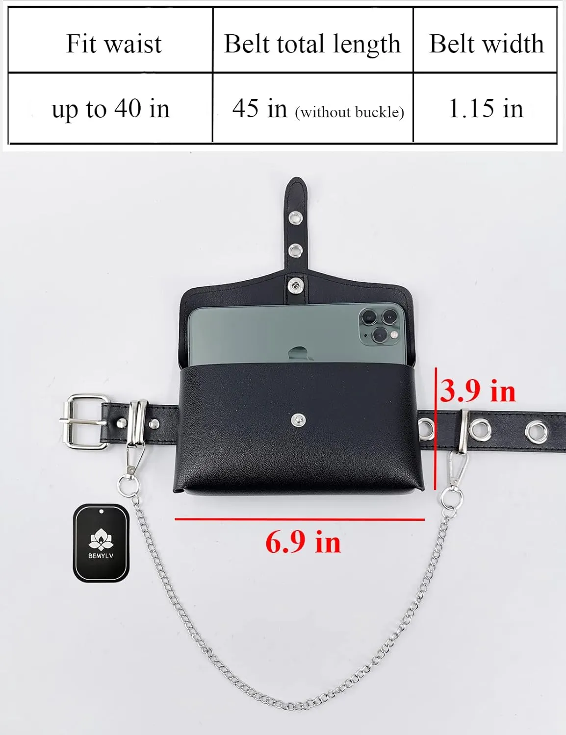 Punk Belt Bag Gothic Fanny Packs for Women Travel Black Leather Waist Purse Girls Party Cosplay
