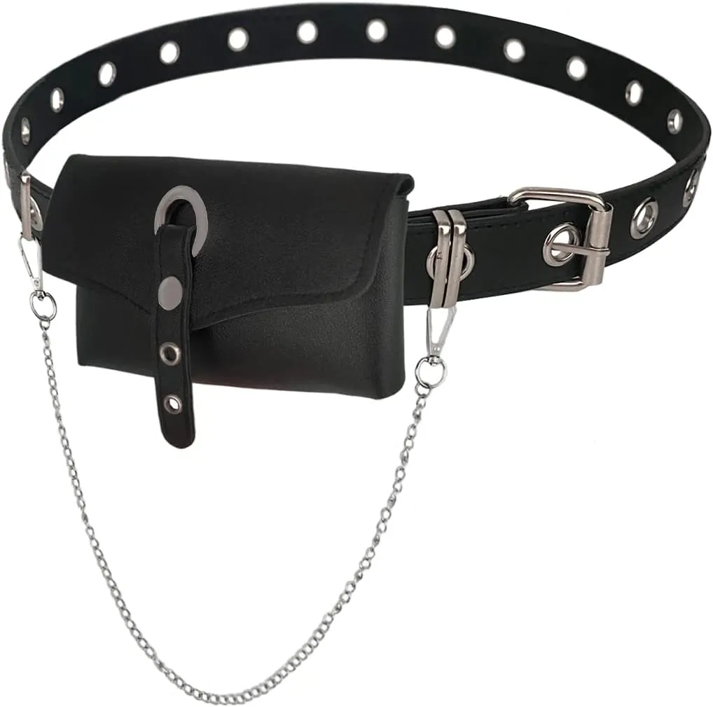 Punk Belt Bag Gothic Fanny Packs for Women Travel Black Leather Waist Purse Girls Party Cosplay