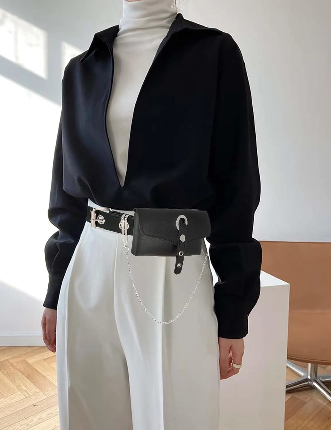 Punk Belt Bag Gothic Fanny Packs for Women Travel Black Leather Waist Purse Girls Party Cosplay