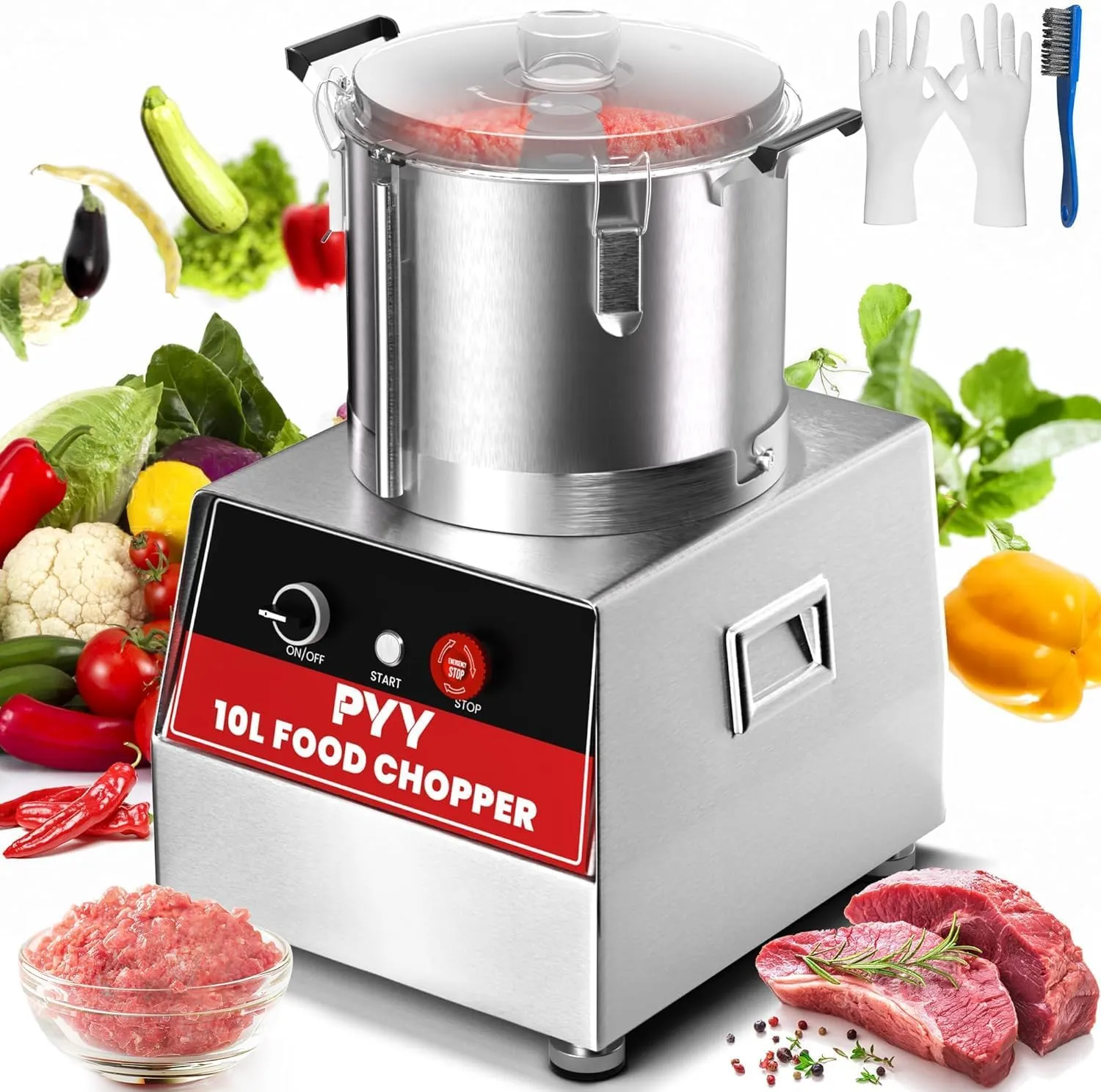 PYY Commercial Food Processor - Vegetable Chopper Electric Stainless Steel 10.6 Qt. Plus for Meat Fruit Prep, 1400RPM High Output Large Capacity for Restaurants & Home Kitchen 10 Liter/42 Cup