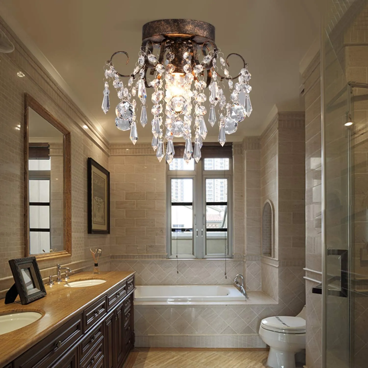 Q&S Small Crystal Ceiling Light Fixture Flush Mount,Black Ceiling Lights Modern Chandelier,Bedroom Hallway Closet Light Fixture,Dia9.5 1 Light.