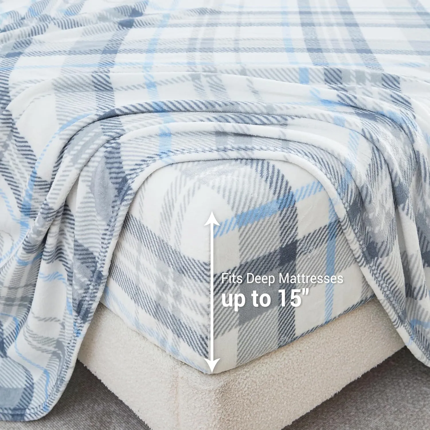 Queen Micro Fleece Sheets Set, 4-Piece Queen Size Bed Sheet Set, Plush Velvet Fleece Sheet Set with 15" Deep Pocket Fitted Sheet, Flat Sheet, 2 Pillowcase, Soft and Warm, Grey Blue Plaid